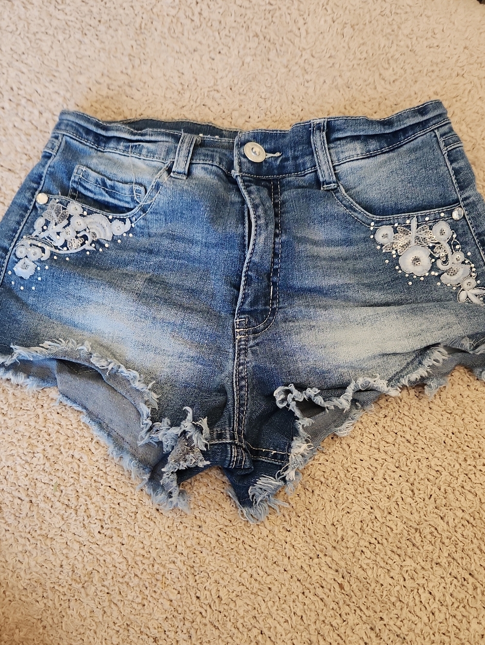 Wallflower Blue Distressed Jean Shorts with White Embroidery And Bedazzle